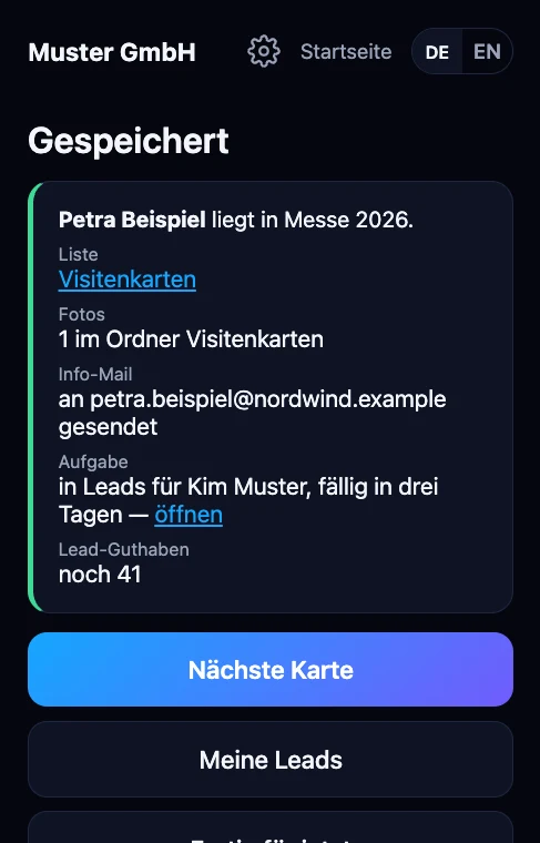 Seite »Gespeichert«: Petra Beispiel liegt in Messe 2026, Eintrag in der Liste, Foto im Ordner, Info-Mail gesendet, Aufgabe für Kim Muster, Lead-Guthaben noch 41