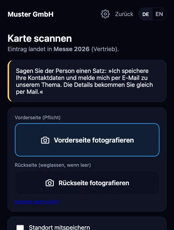 Seite »Karte scannen« mit dem Datenschutz-Satz und den Knöpfen für Vorder- und Rückseite